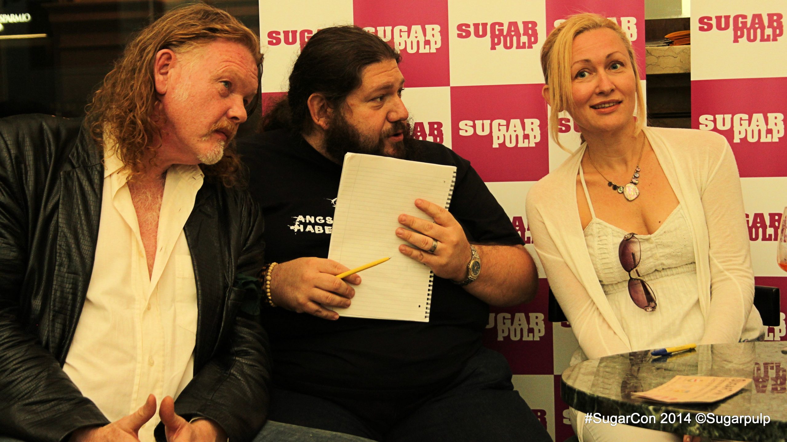 Sarah Pinborough alla SugarCON 2014 con Tim Willocks e Marco Piva